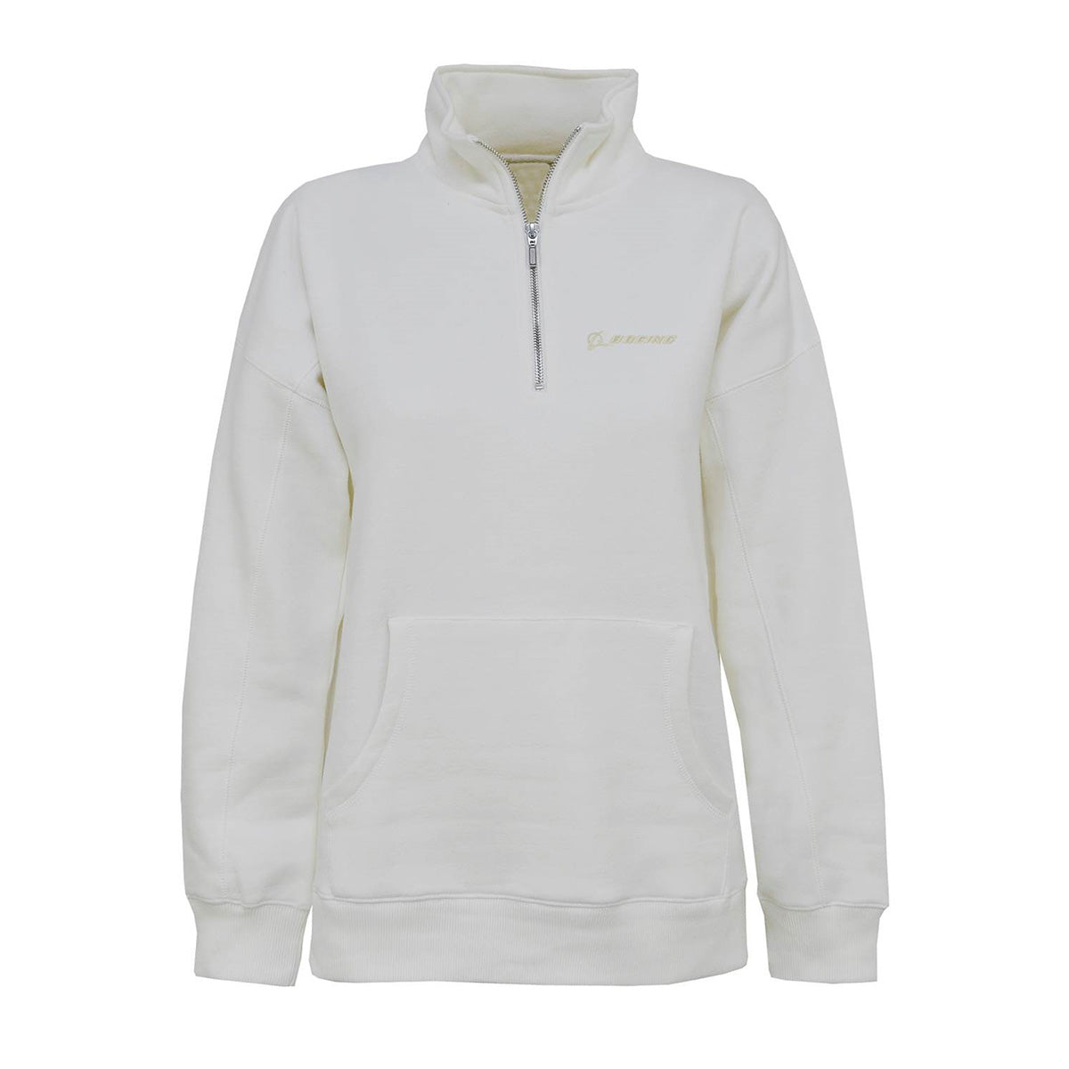 Pullover in vanilla bean color. Boeing signature logo embroidered on left chest.  Front kangaroo pouch pocket.  Silver color zipper