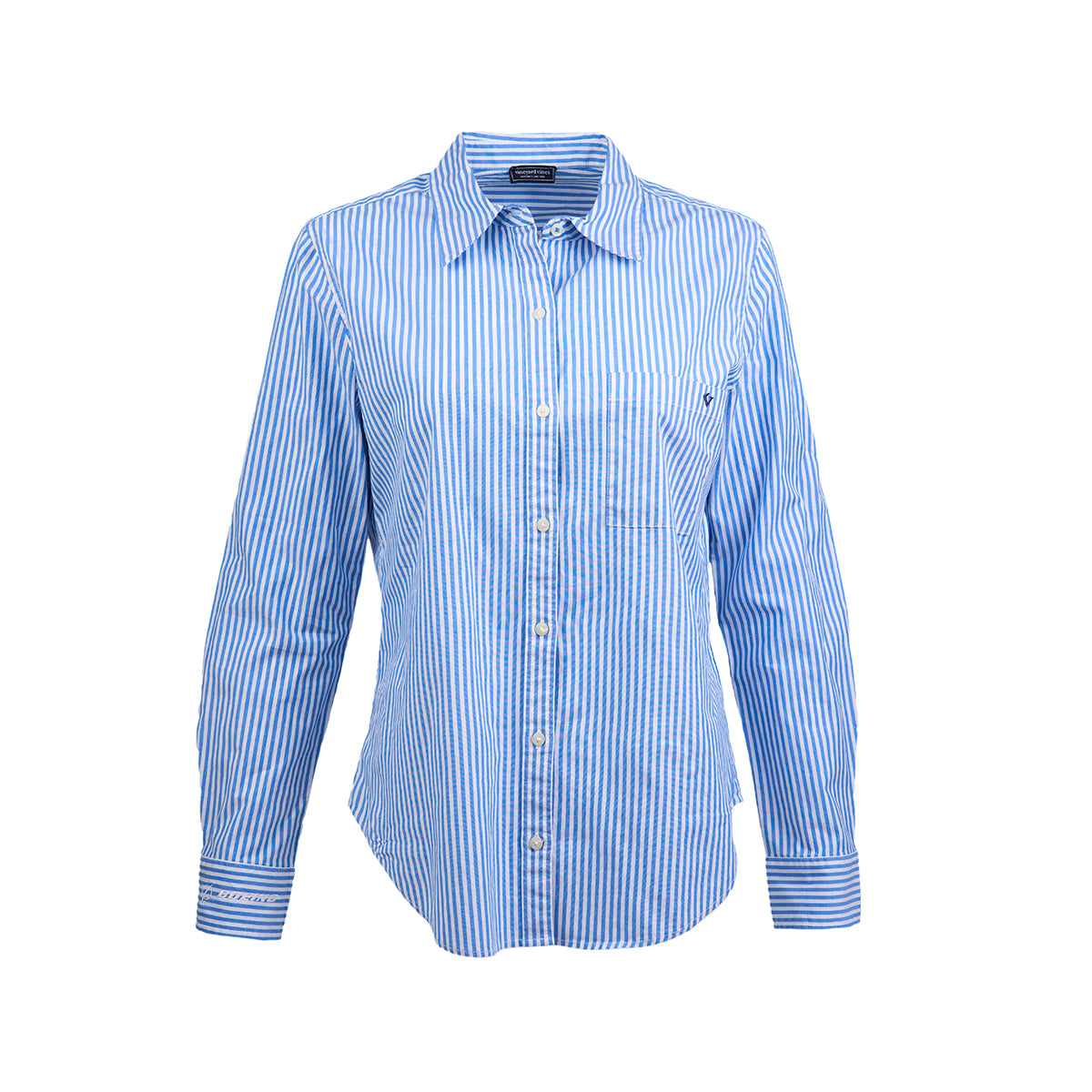 Full product image of the button-down shirt.  White and blue vertical stripes.  Left chest pocket with the Vineyard Vine logo at the top of the pocket.  