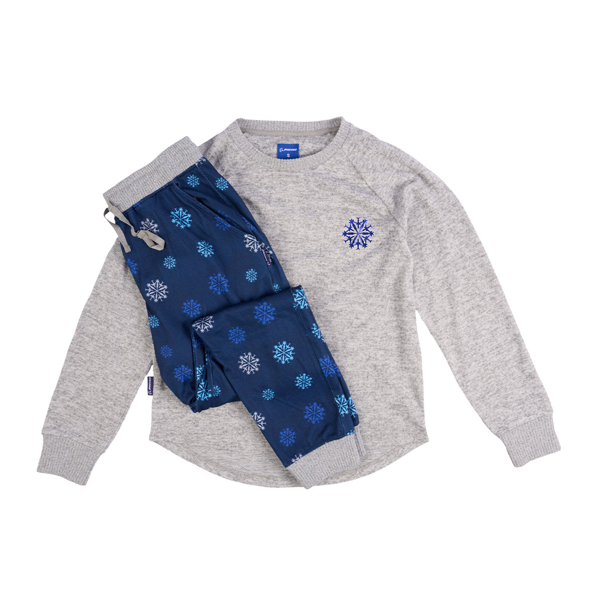 Product image of the PJ set. Bottoms come in navy with all over print of the Jet Snowflake graphic.  Grey waistband and ankle cuffs.  Top comes in grey featuring the Jet Snowflake design on the left chest in blue. 