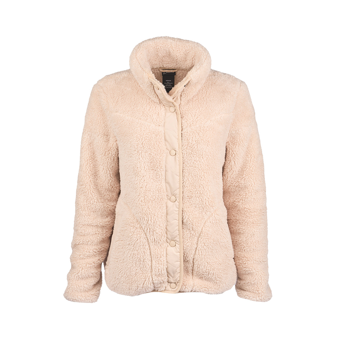 Full product image of the fleece jacket in a cream linen color.  2 side pockets.  Center buttons for closure.