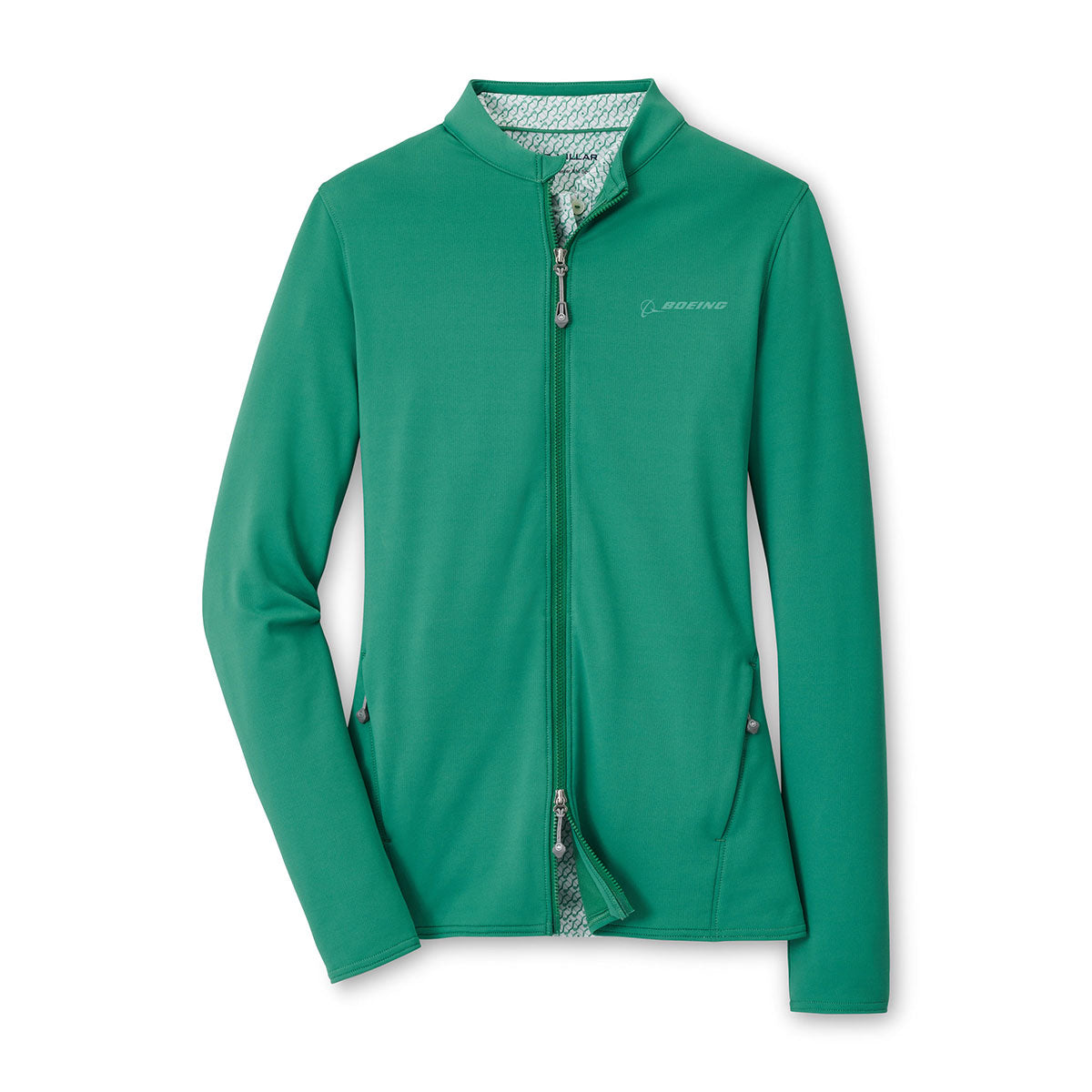 Women's full-zip layer in field green.  Top and bottom un-zipped showing the 2 way zipper feature.  Boeing logo on left chest.  Shirt inside the layer piece for styling.  2 front side pockets.