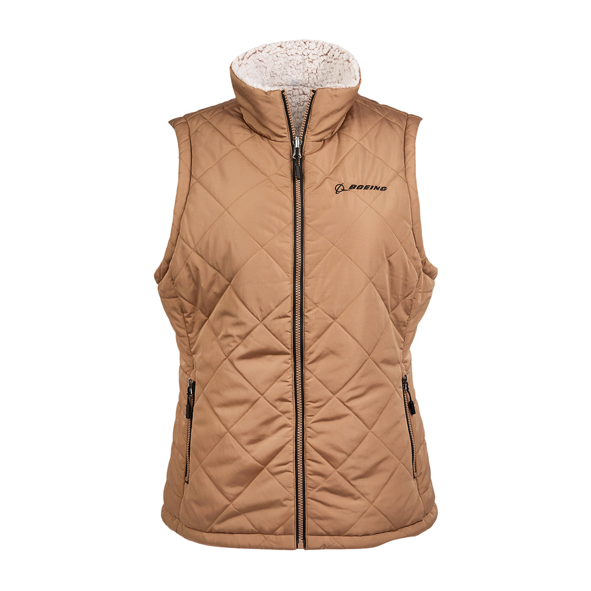 Full product image of the vest in a camel color.  2 side pockets. Black Boeing logo on left chest.