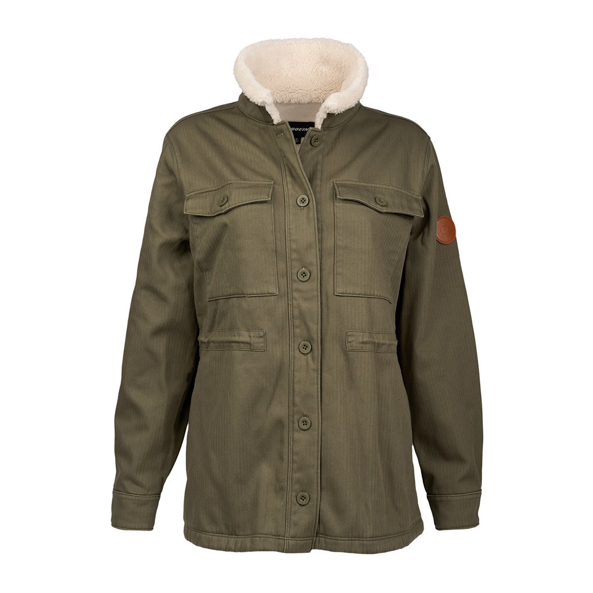 Full product image of the jacket in a dusty olive color.  Center button closure.  2 chest pockets on each side.  Boeing logo on left arm sleeve.