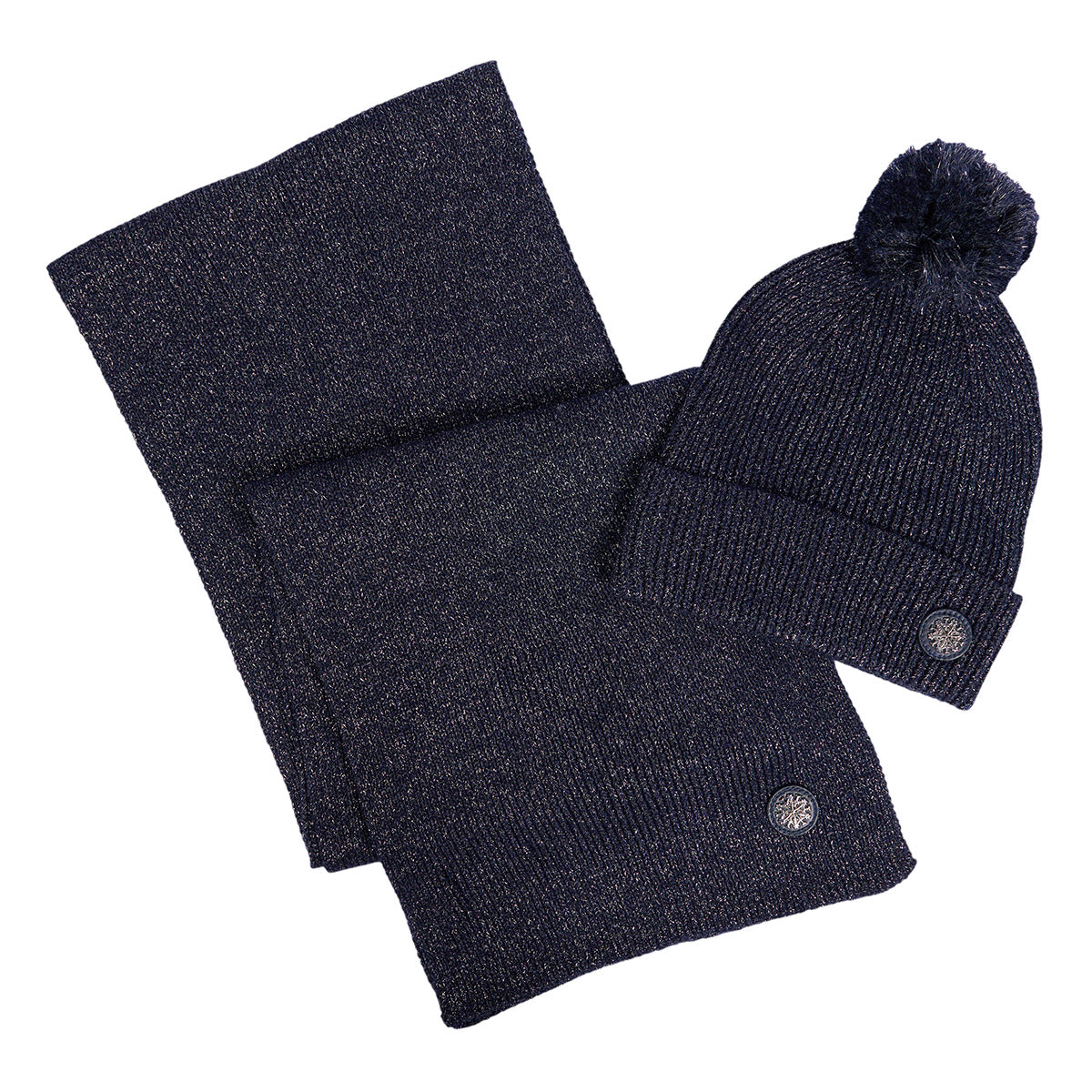 Product image of the scarf folded and the beanie partially laying over the scarf.  Features the Jet Snowflake patch on both the scarf and beanie.  Both come in dark navy color. 