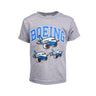 Grey t-shirt with royal blue Boeing varsity logo across the chest.  Featuring 3 pudgy aircrafts on the front and center.