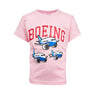 Pink t-shirt with dark pink Boeing varsity logo across the chest.  Featuring 3 pudgy aircrafts on the front and center.