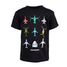 Full product image of the t-shirt in black color.  Featuring 9 different aircrafts from different Boeing programs including: Commercial, Defense and Space.