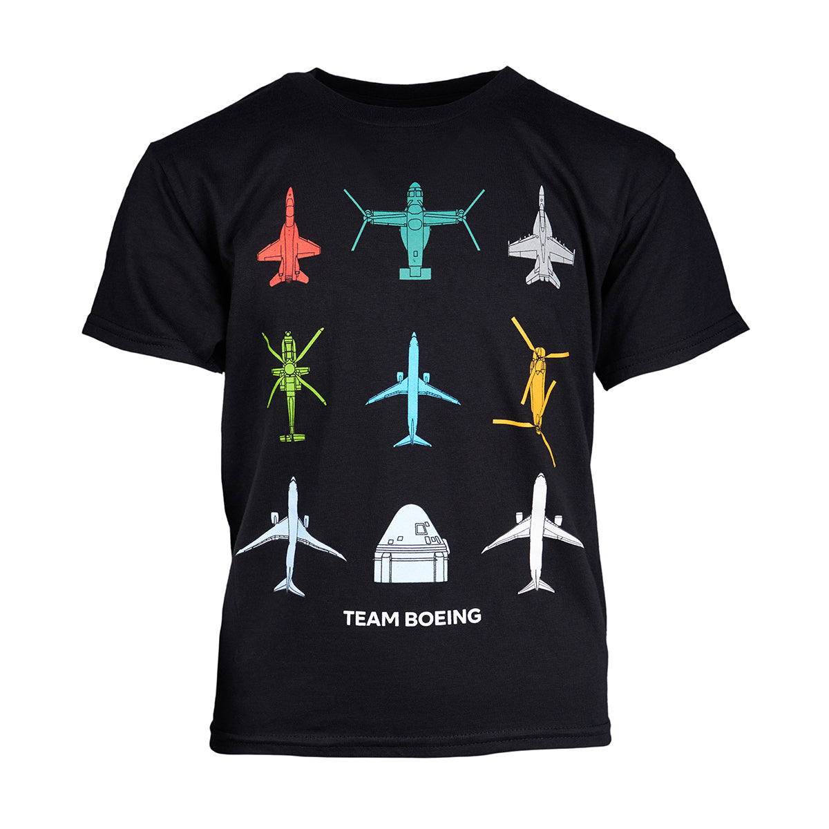 Full product image of the t-shirt in black color.  Featuring 9 different aircrafts from each Boeing program including: Commercial, Defense and Space.