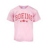 Pink t-shirt with a dark pink Boeing Varsity logo across the chest with a front face outline of a commercial aircraft.