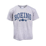 Grey t-shirt with a navy blue Boeing Varsity logo across the chest with a front face outline of a commercial aircraft.