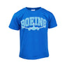 Royal t-shirt with a light blue Boeing Varsity logo across the chest with a front face outline of a commercial aircraft.