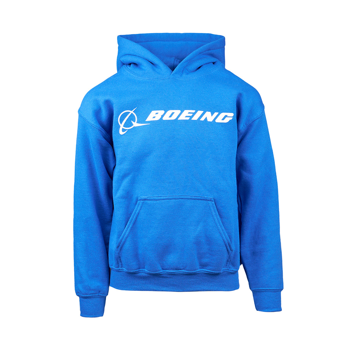 Full product image of the hoodie in royal blue color.  White Boeing signature logo printed across the chest. Featuring pouch pocket