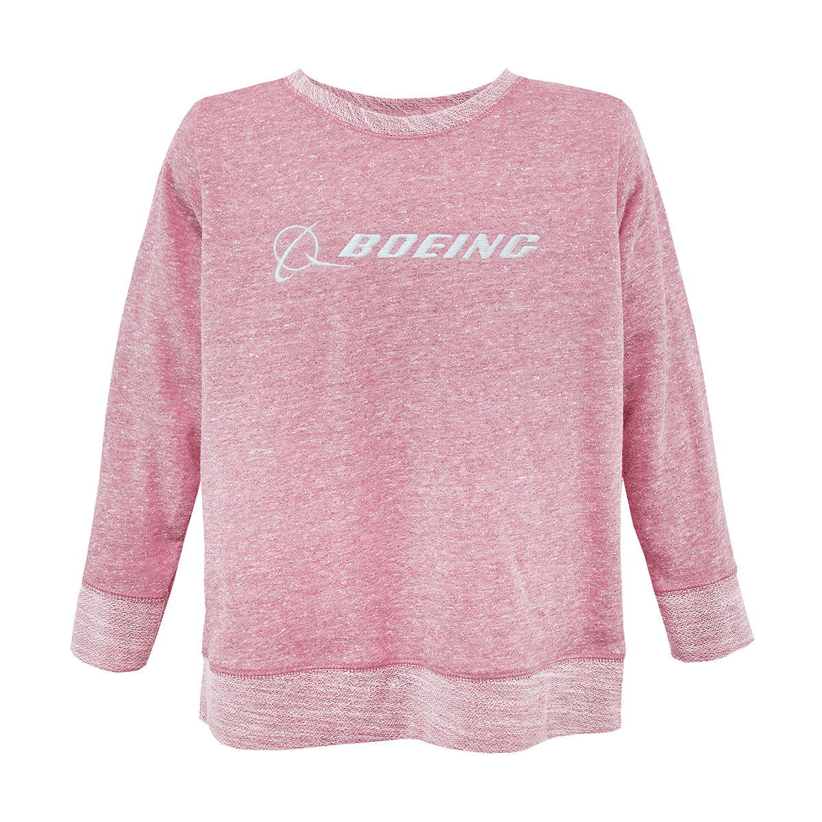 Heathered french terry crewneck sweatshirt in candy (red) color.  White embroidered Boeing signature logo across the chest.