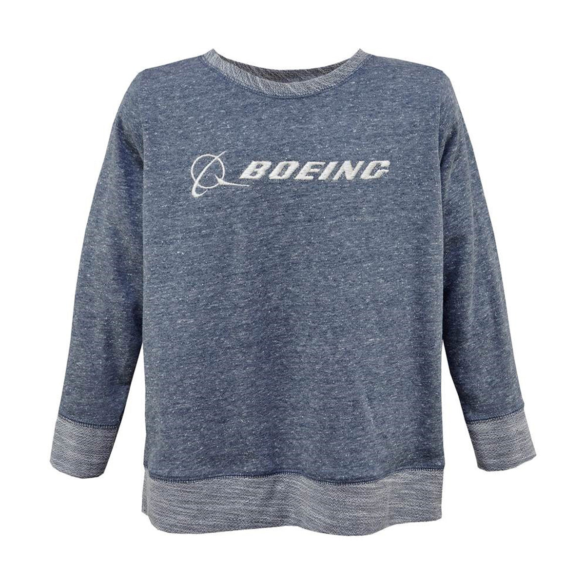 Heathered french terry crewneck sweatshirt in navy color.  White embroidered Boeing signature logo across the chest.