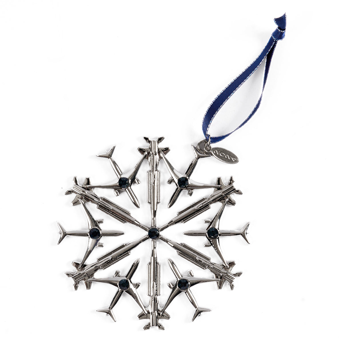 Product image of the Jet Snowflake.  Snowflake features the 787 Dreamliner, Space Launch System, and F-15 Eagle. Comes with navy ribbon with a 2024