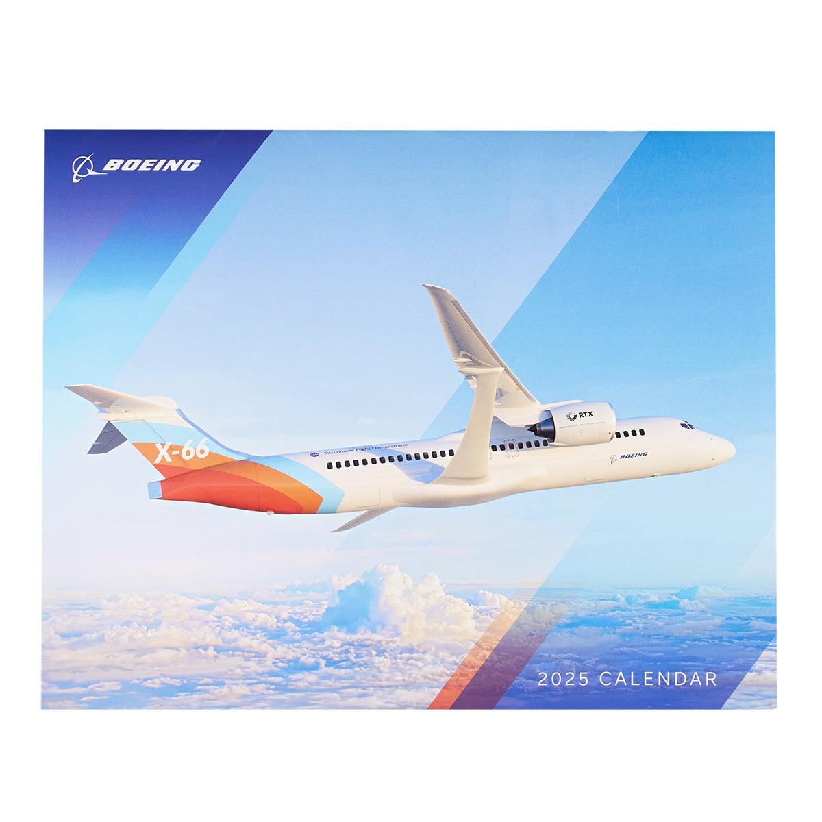 Image of the front cover of the Boeing 2025 calendar.  Featuring the X-66 soaring in the skies above the clouds.