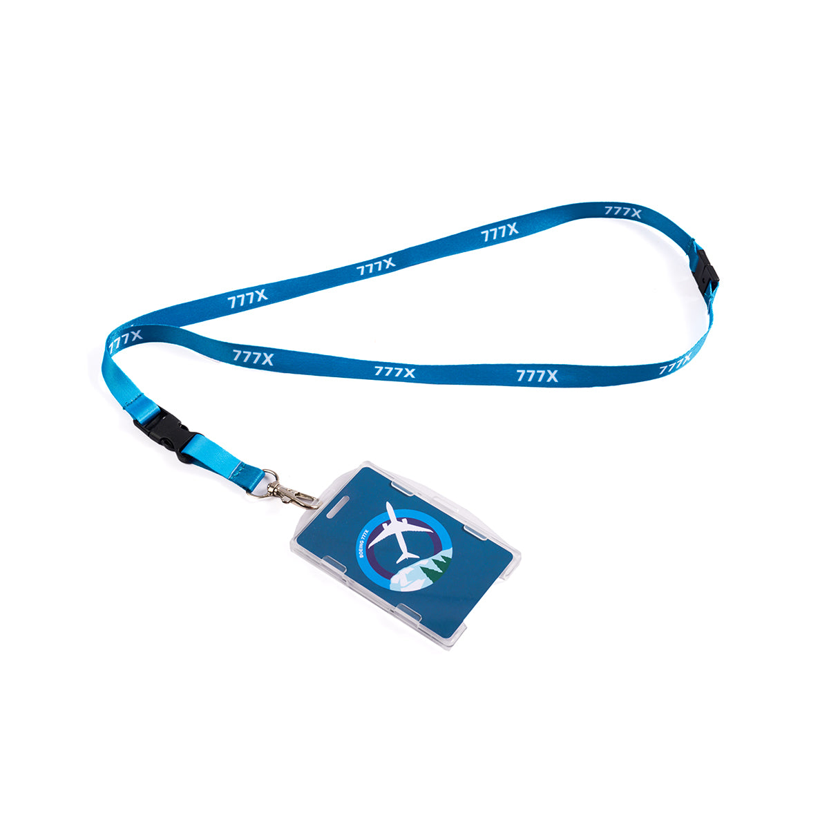 Full product image of the lanyard in blue. Boeing 777X Skyward sublimation print. Full printed PVC card with Boeing 777X Skyward roundel design.