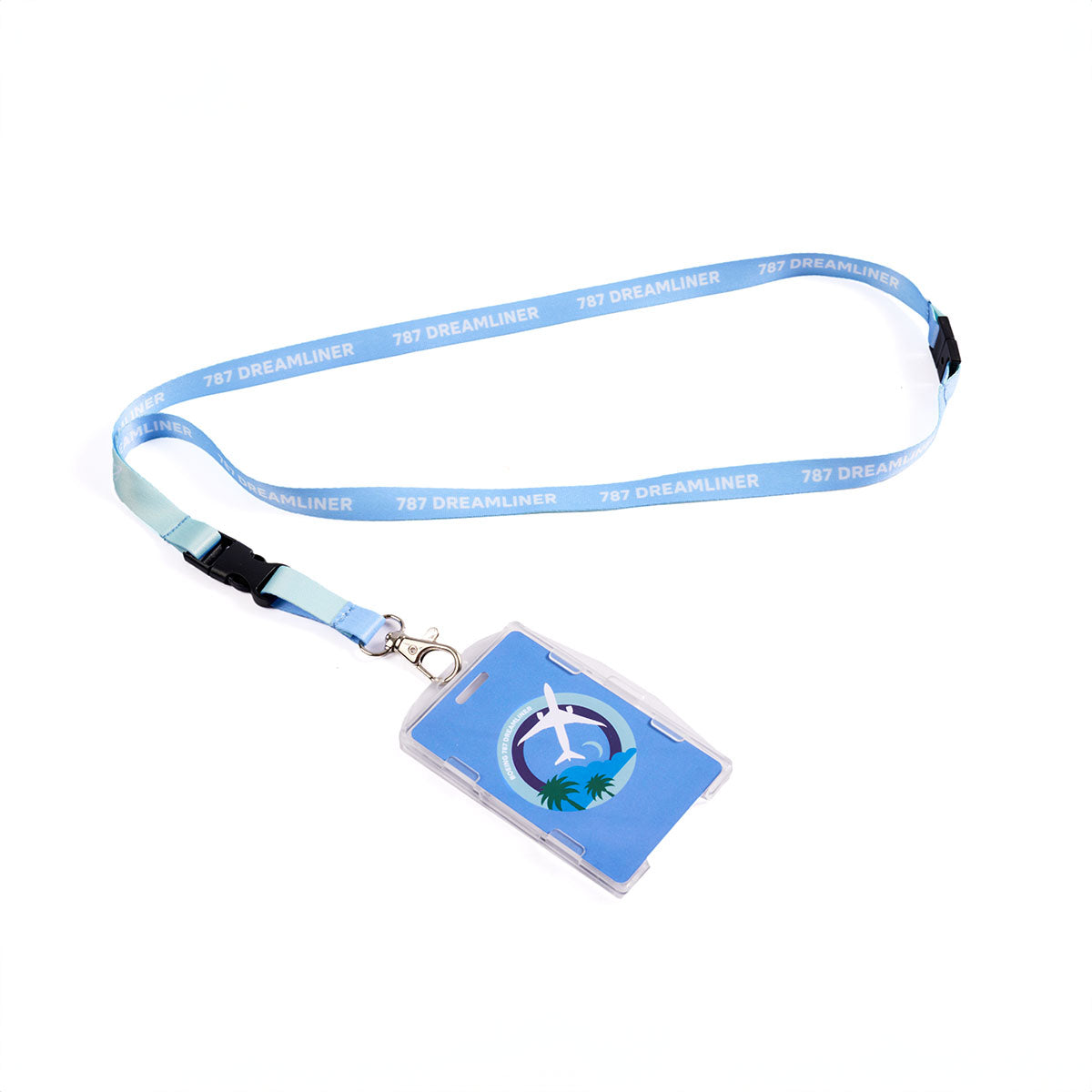 Full product image of the lanyard in light blue. Boeing 787 Dreamliner Skyward sublimation print. Full printed PVC card with Boeing 787 Dreamliner Skyward roundel design.