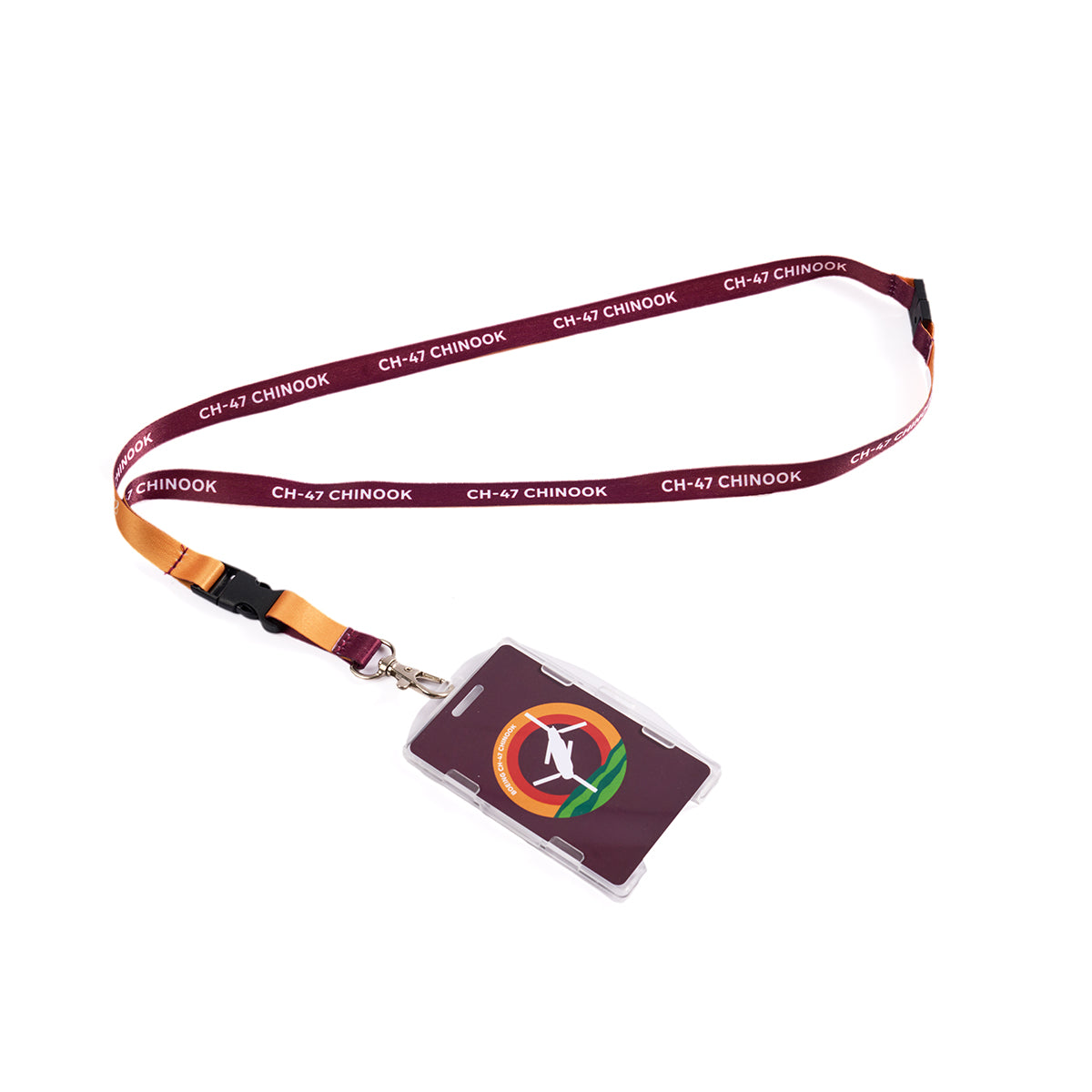 Full product image of the lanyard in red and orange. Boeing CH-47 Chinook Skyward sublimation print. Full printed PVC card with Boeing CH-47 Chinook Skyward roundel design.