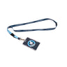 Full product image of the lanyard in blue and light blue. Boeing F-15EX Eagle Skyward sublimation print. Full printed PVC card with Boeing F-15EX Eagle Skyward roundel design.