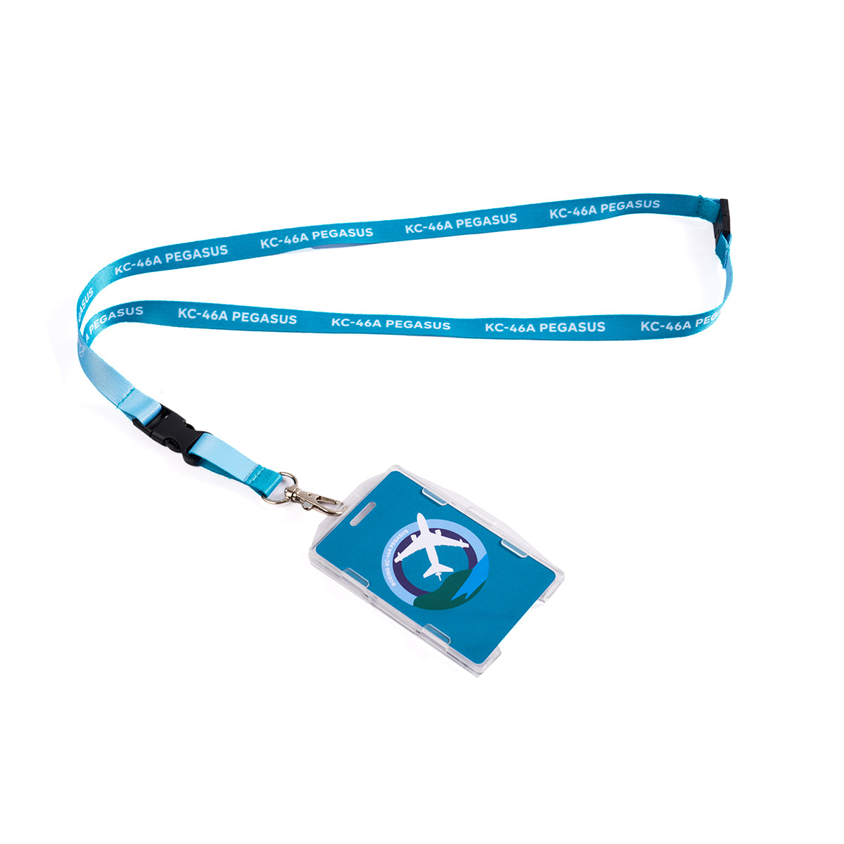 Full product image of the lanyard in light blue. Boeing KC-46 Pegasus Skyward sublimation print. Full printed PVC card with Boeing KC-46 Pegasus Skyward roundel design.