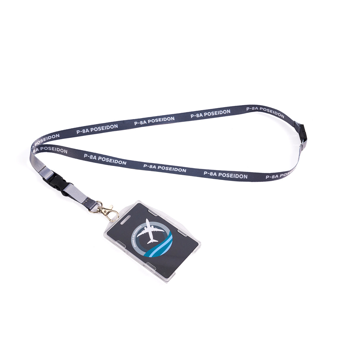 Full product image of the lanyard in navy blue. Boeing P-8 Poseidon Skyward sublimation print. Full printed PVC card with Boeing P-8 Poseidon Skyward roundel design.
