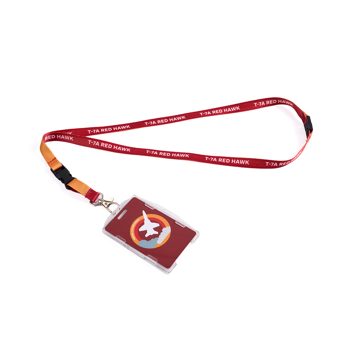 Full product image of the lanyard in red and orange. Boeing T-7A Red Hawk Skyward sublimation print. Full printed PVC card with Boeing T-7A Red Hawk Skyward roundel design.