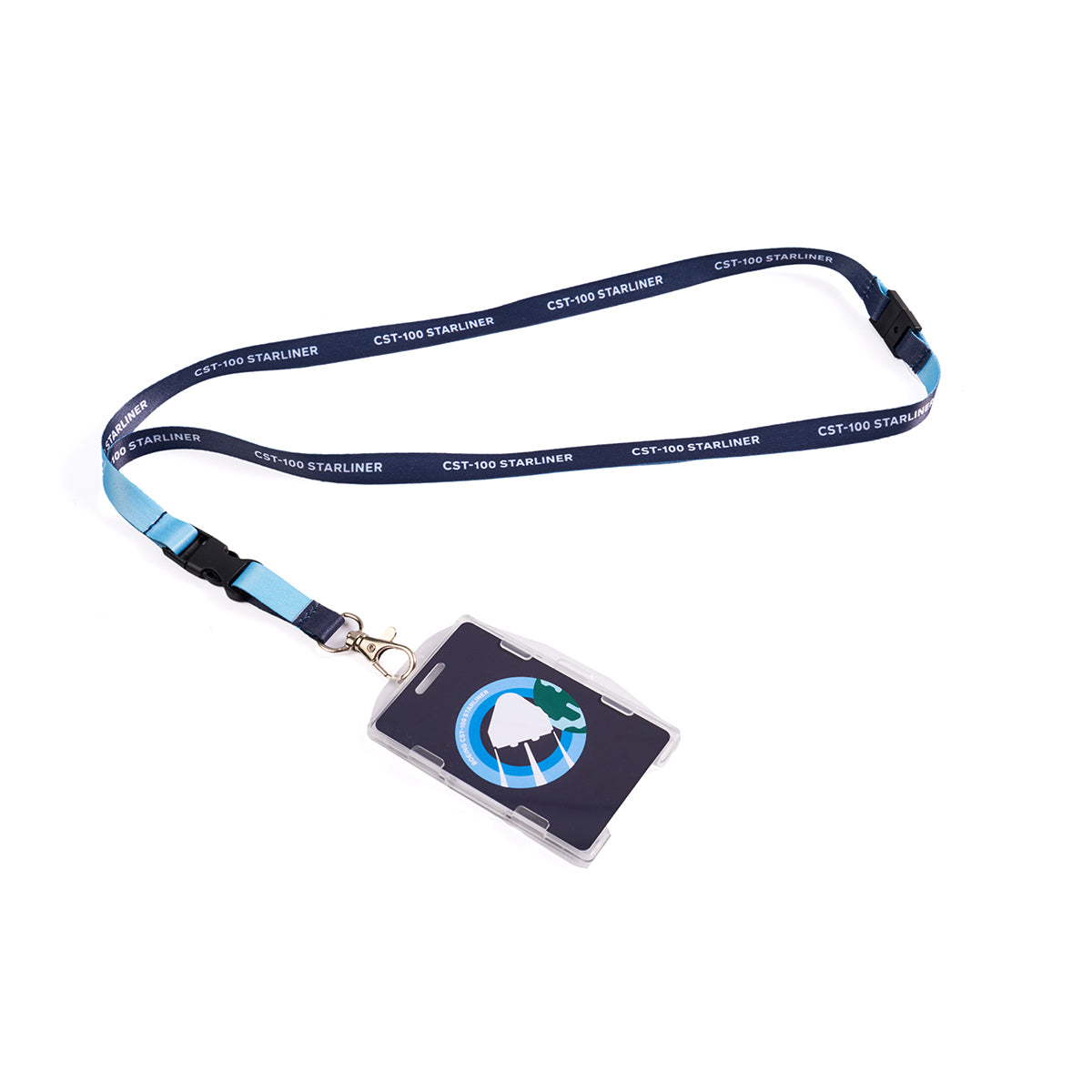Full product image of the lanyard in blue and light blue. Boeing CST-100 Starliner Skyward sublimation print. Full printed PVC card with Boeing CST-100 Starliner Skyward roundel design.
