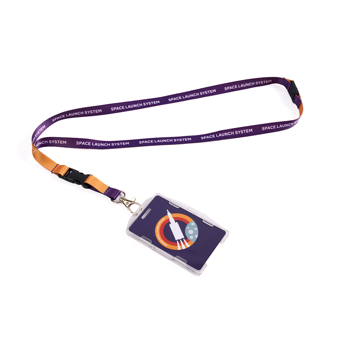 Full product image of the lanyard in purple and orange. Boeing Space Launch System Skyward sublimation print. Full printed PVC card with Boeing Space Launch System Skyward roundel design.
