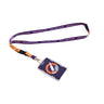 Full product image of the lanyard in purple and orange. Boeing Space Launch System Skyward sublimation print. Full printed PVC card with Boeing Space Launch System Skyward roundel design.