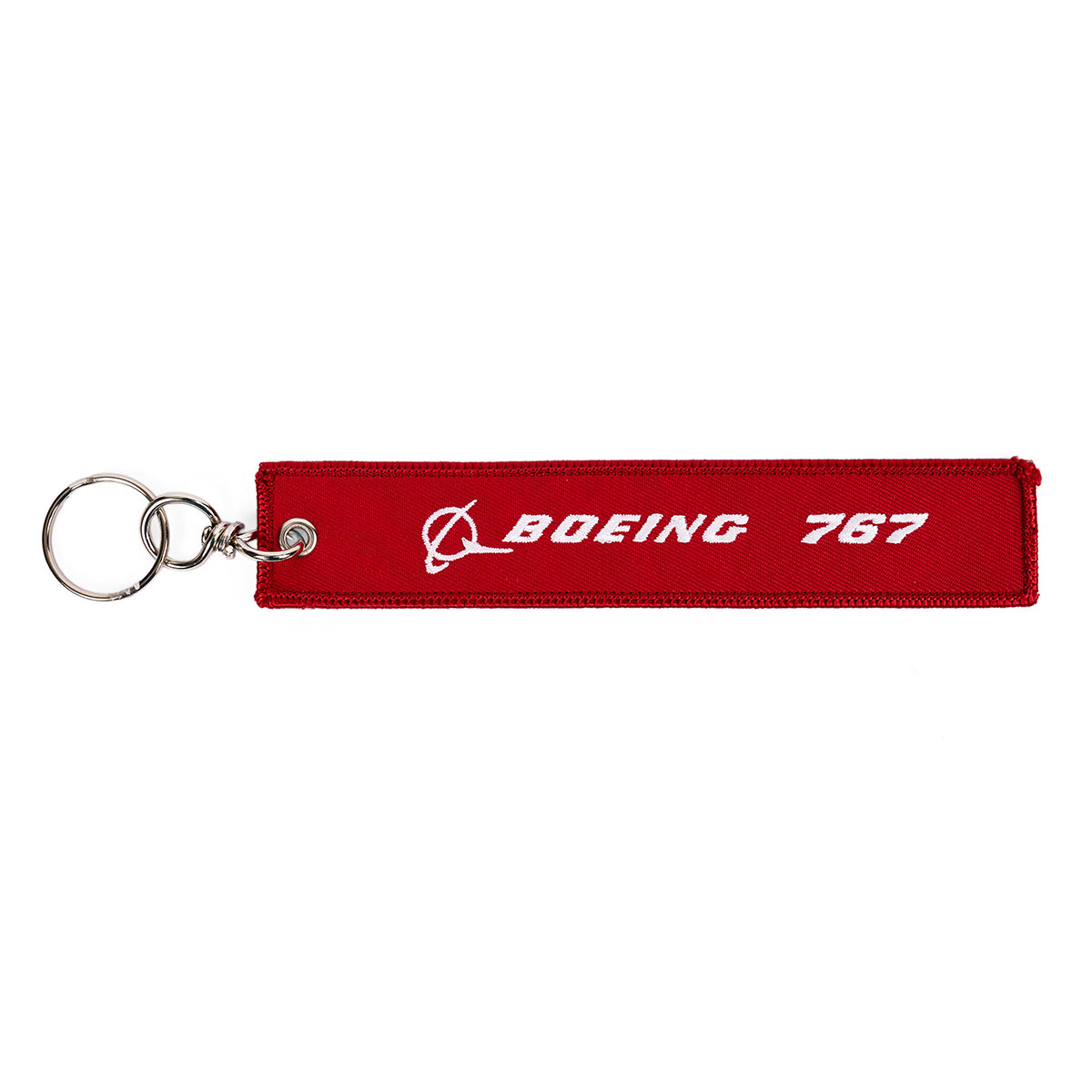 Boeing signature logo 767 in white text on reverse side of the keychain.