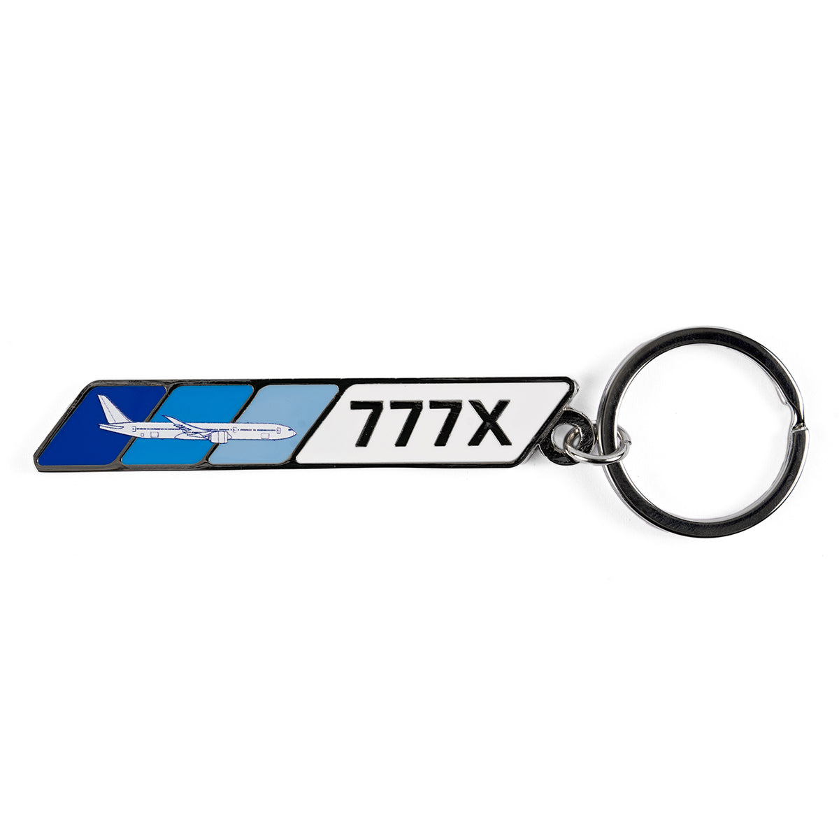 Product image of the 777X Velocity graphic on a metal bar, attached to a keyring.