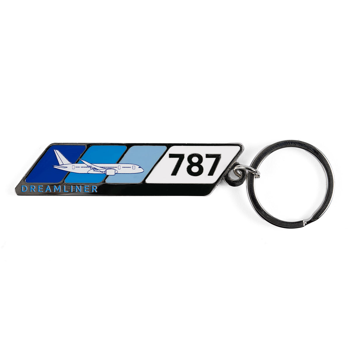 Product image of the 787 Dreamliner Velocity graphic on a metal bar, attached to a keyring.