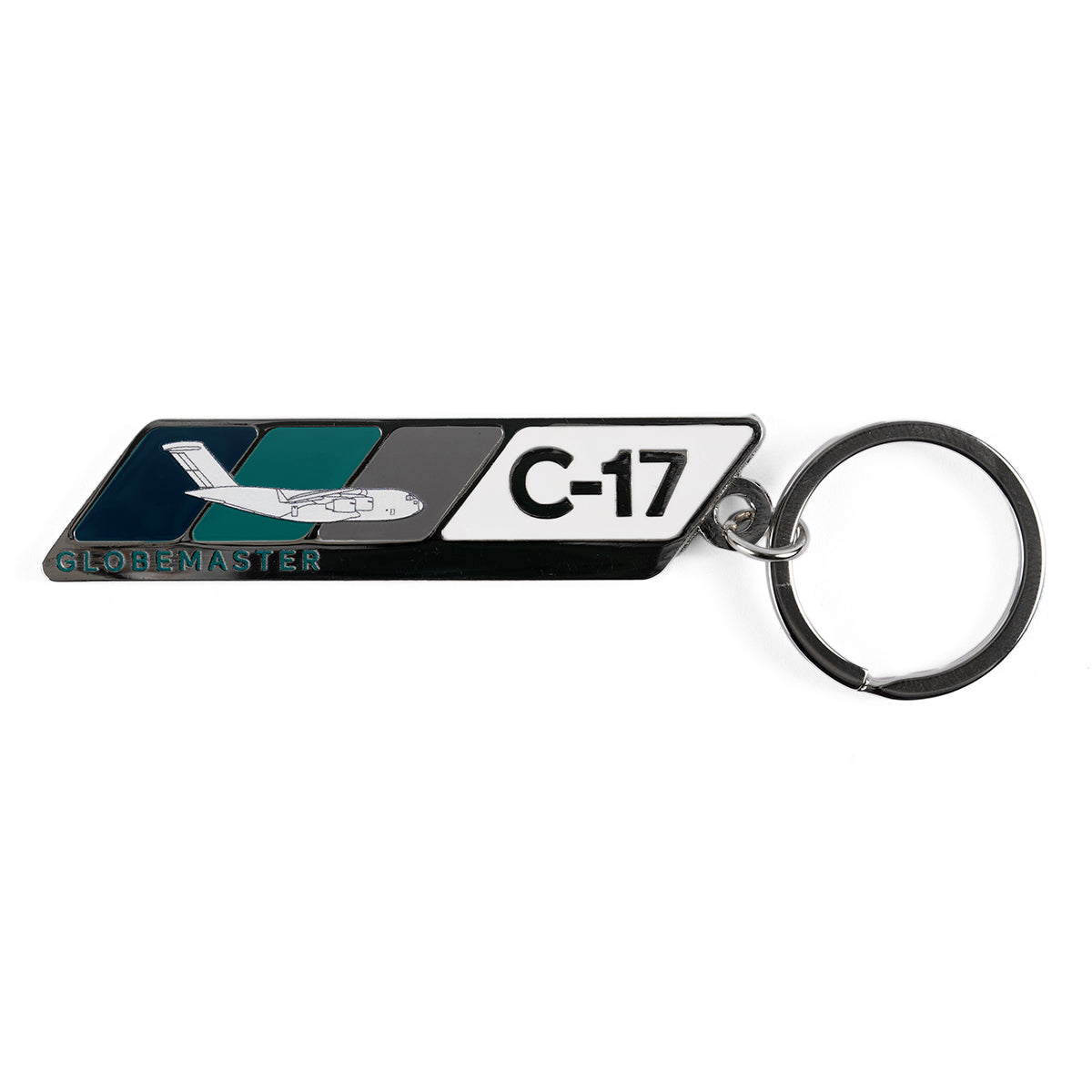 Product image of the C-17 Globemaster Velocity graphic on a metal bar, attached to a keyring.