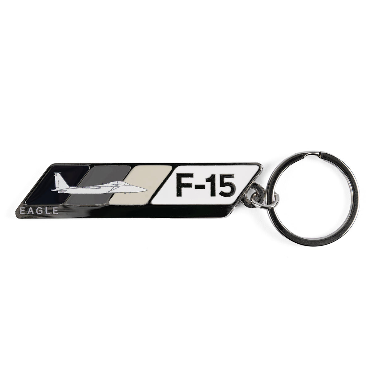 Product image of the F-15EX Velocity graphic on a metal bar, attached to a keyring.