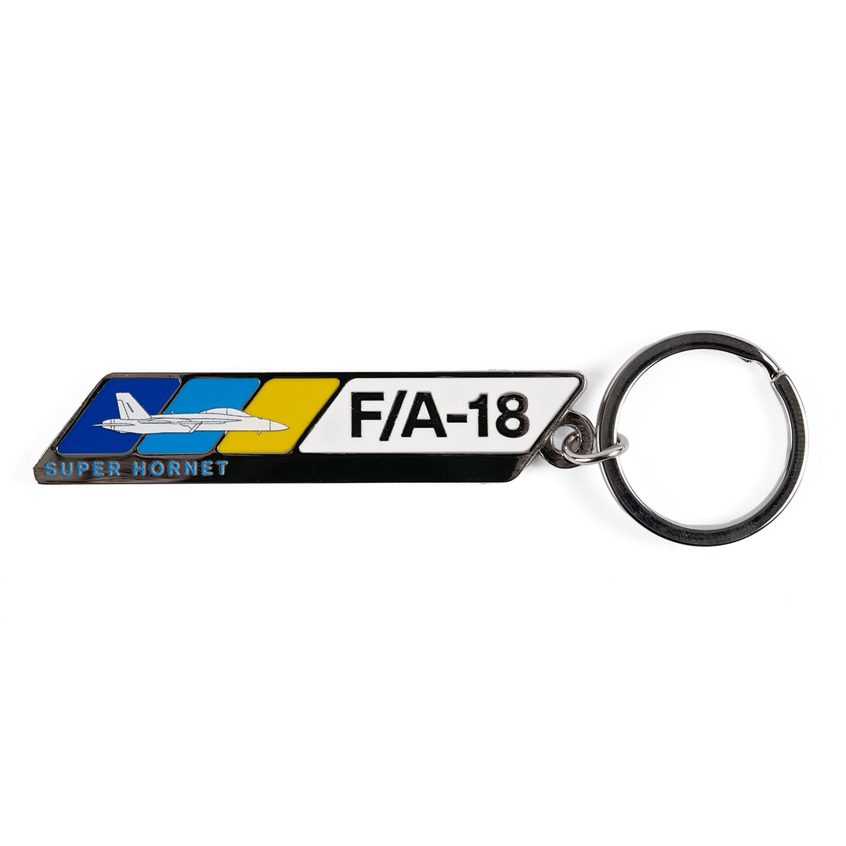 Product image of the F/A-18 Super Hornet Velocity graphic on a metal bar, attached to a keyring.