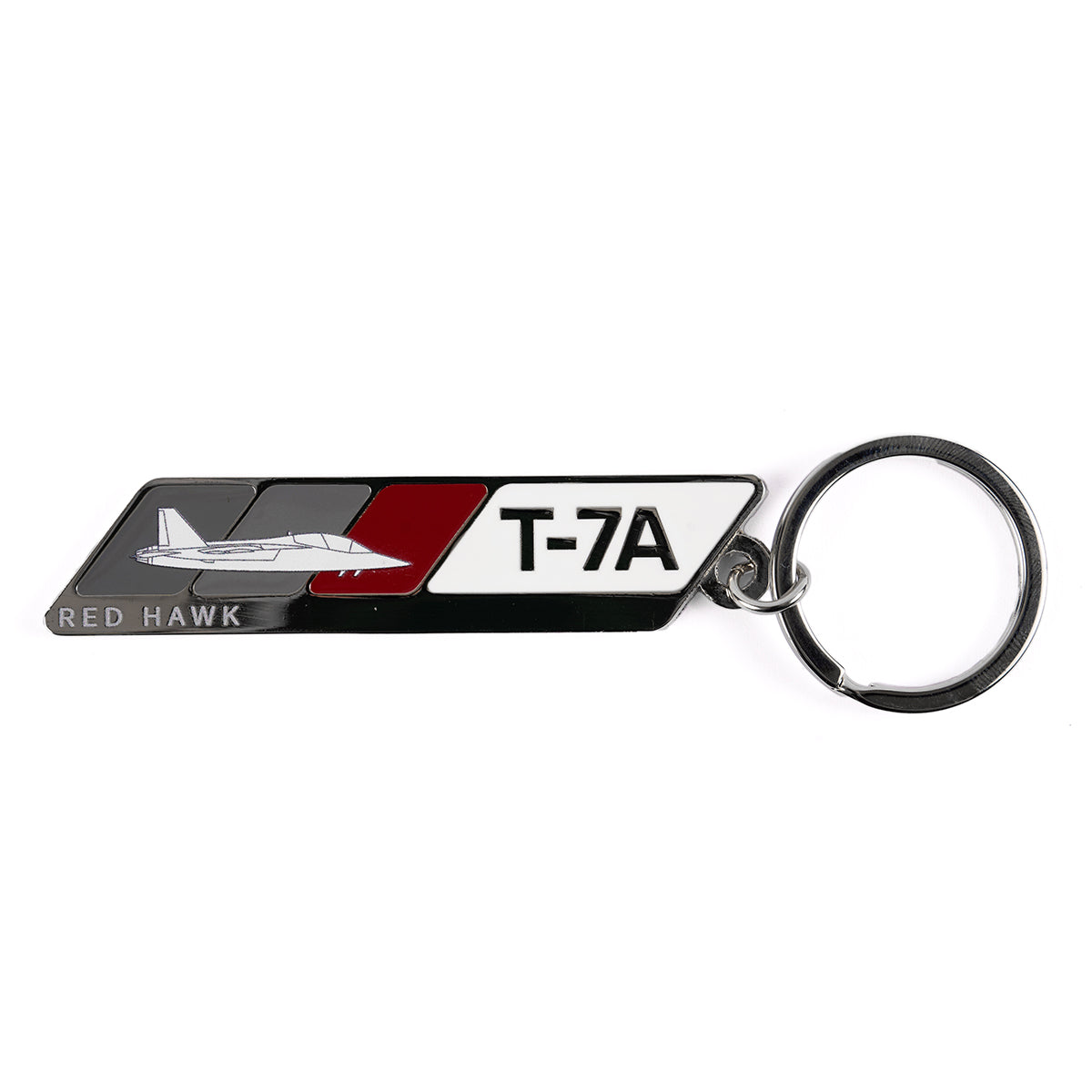 Product image of the T-7A Red Hawk Velocity graphic on a metal bar, attached to a keyring.