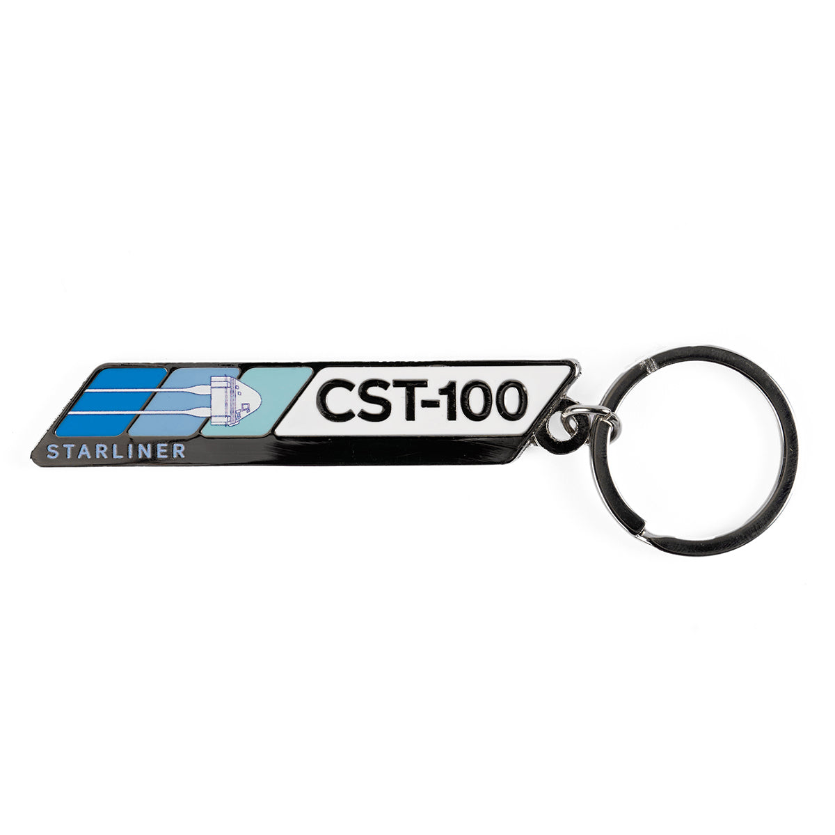 Product image of the CST-100 Starliner Velocity graphic on a metal bar, attached to a keyring.