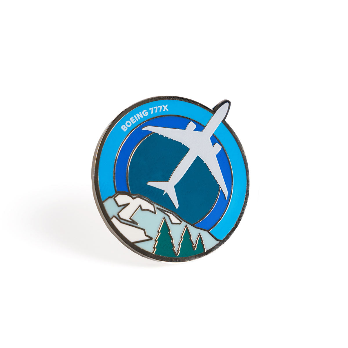  Skyward lapel pin, featuring the iconic Boeing 777X in an enamel roundel design. 