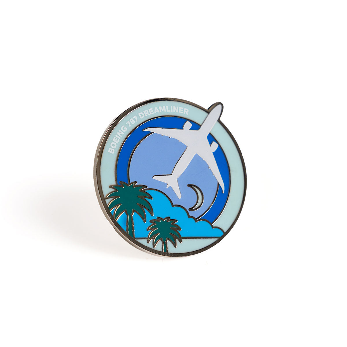 Skyward lapel pin, featuring the iconic Boeing 787 Dreamliner in an enamel roundel design.