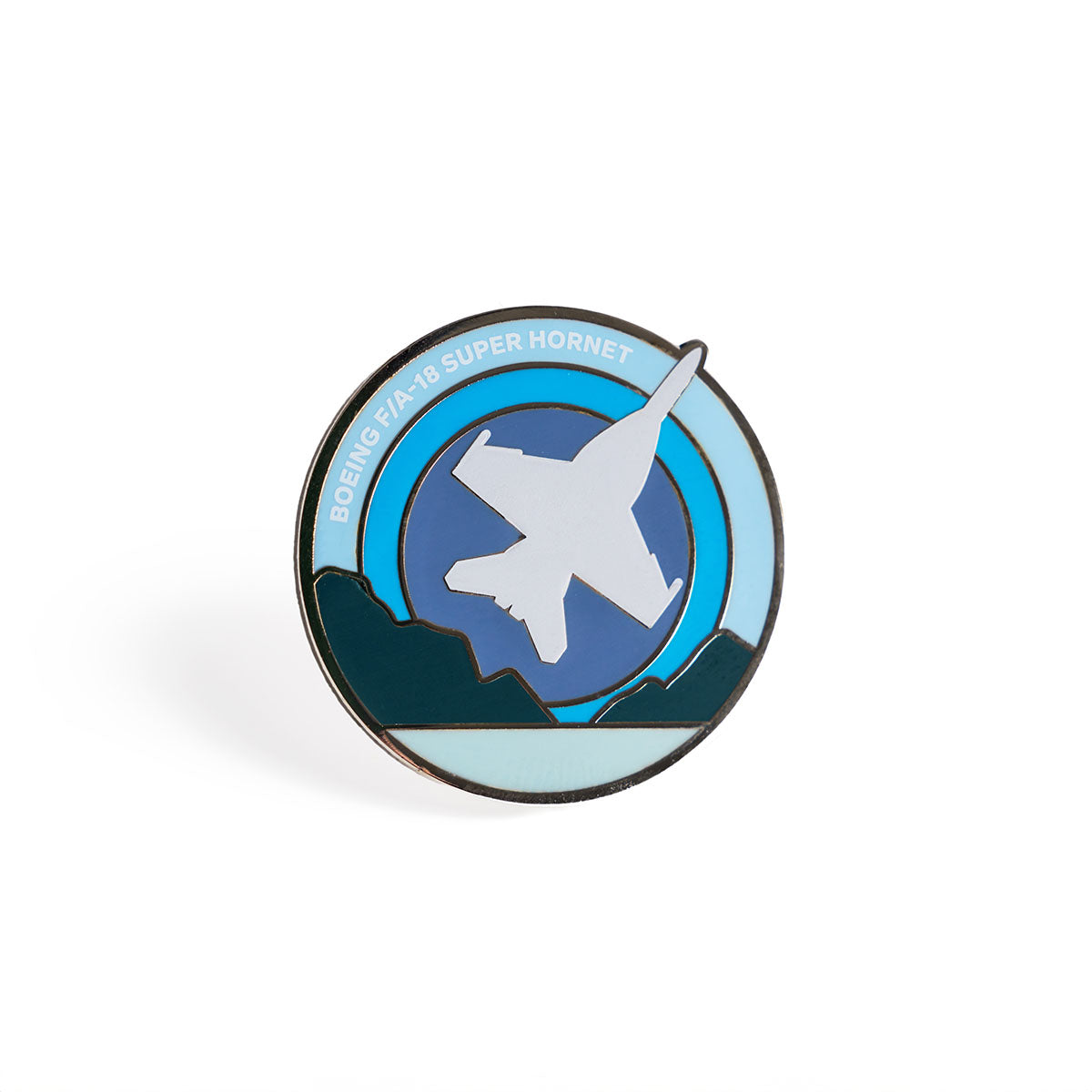 Skyward lapel pin, featuring the iconic Boeing F/A-18 Super Hornet in an enamel roundel design.