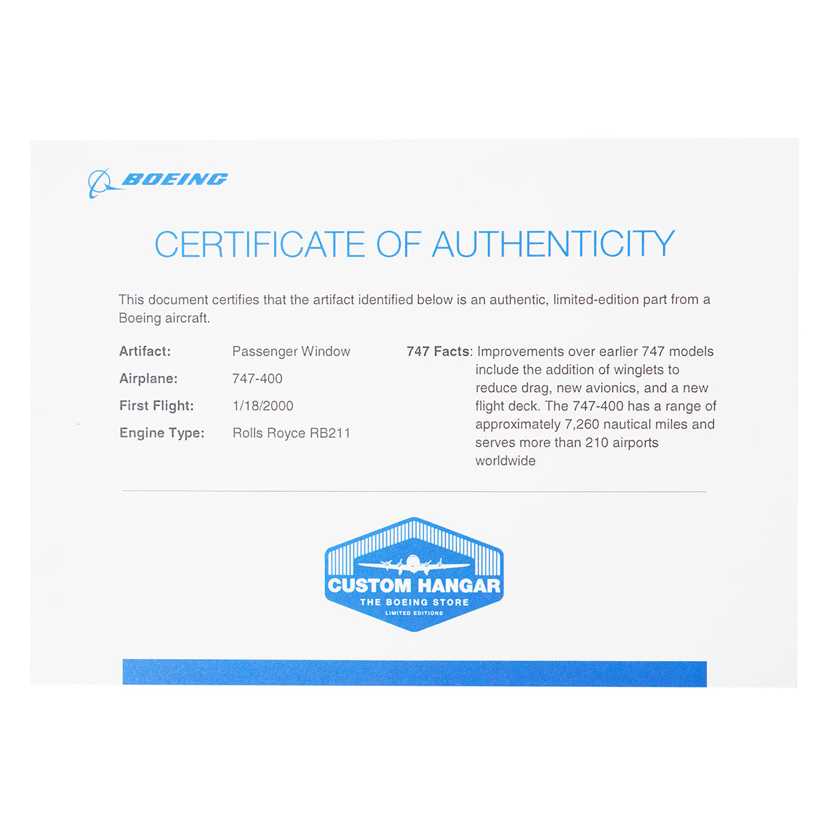 Image of the Certificate of Authenticity of the 747-400 window.