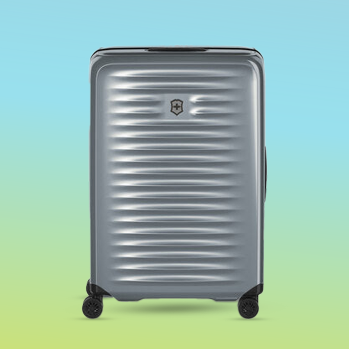 Small Travel Mosaic tile featuring a Victorinox silver hard shell suitcase with a gradient background