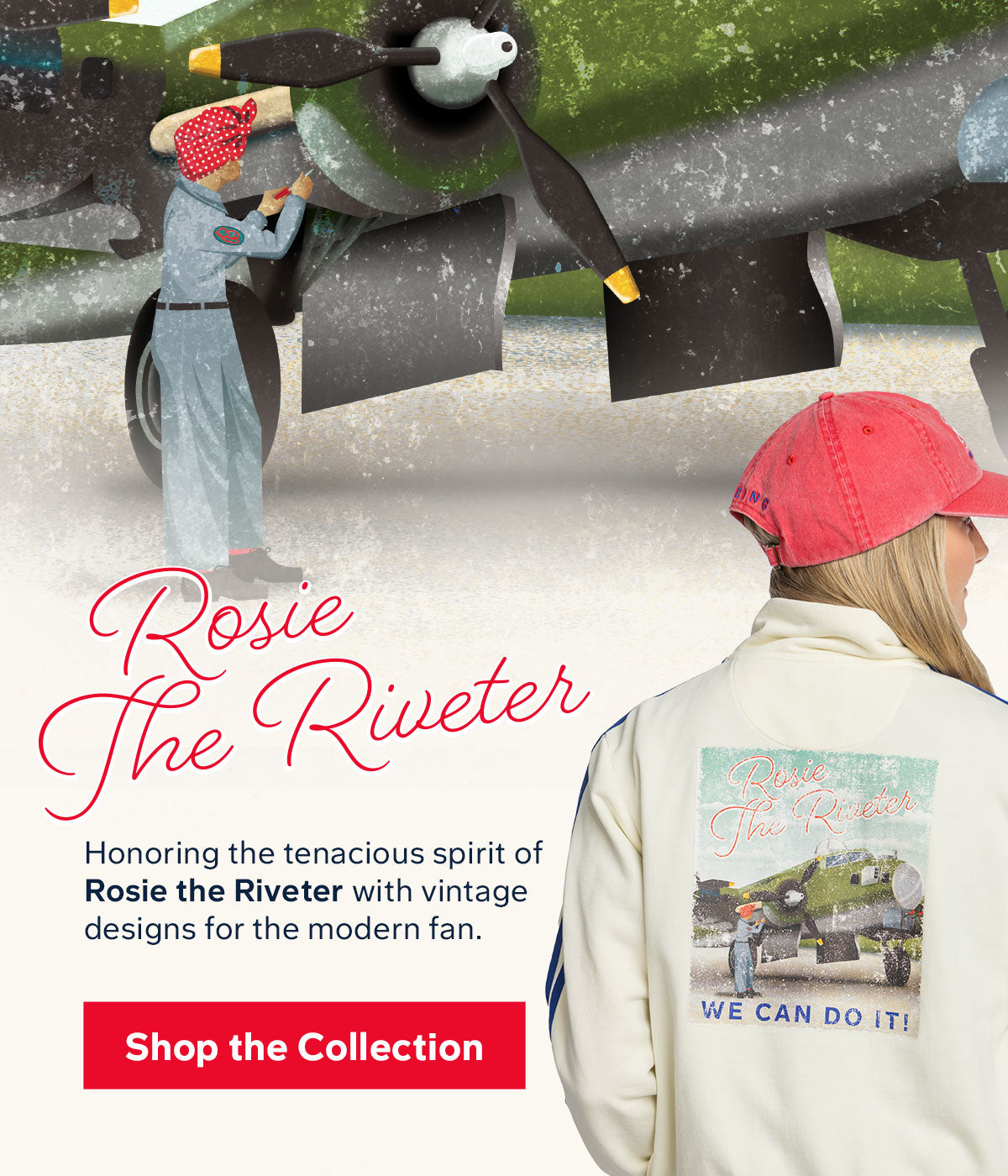 Rosie the Riveter Vintage Image Featuring Lifestyle of Girl Wearing Jacket and Hat HP Mobile Banner