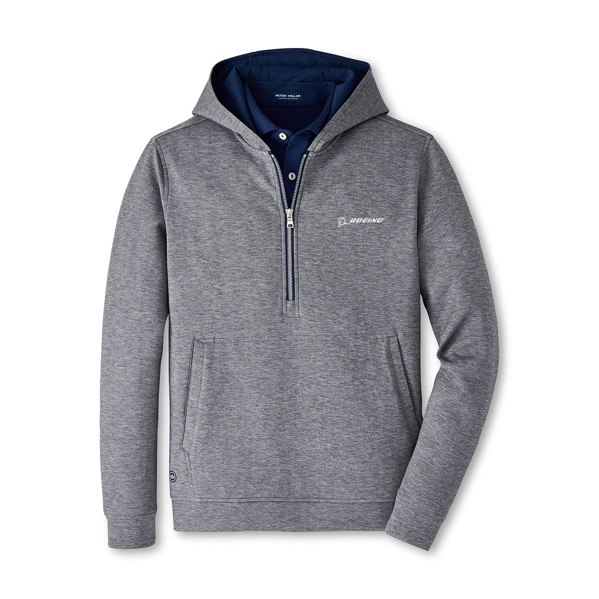 Full product image of half-zip hoodie.  Features a kangaroo pouch pocket.  White Boeing logo on left chest.