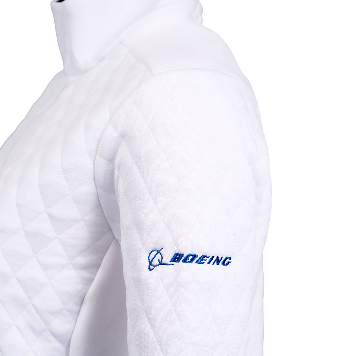 close up of Boeing logo on left arm in the brilliant white color