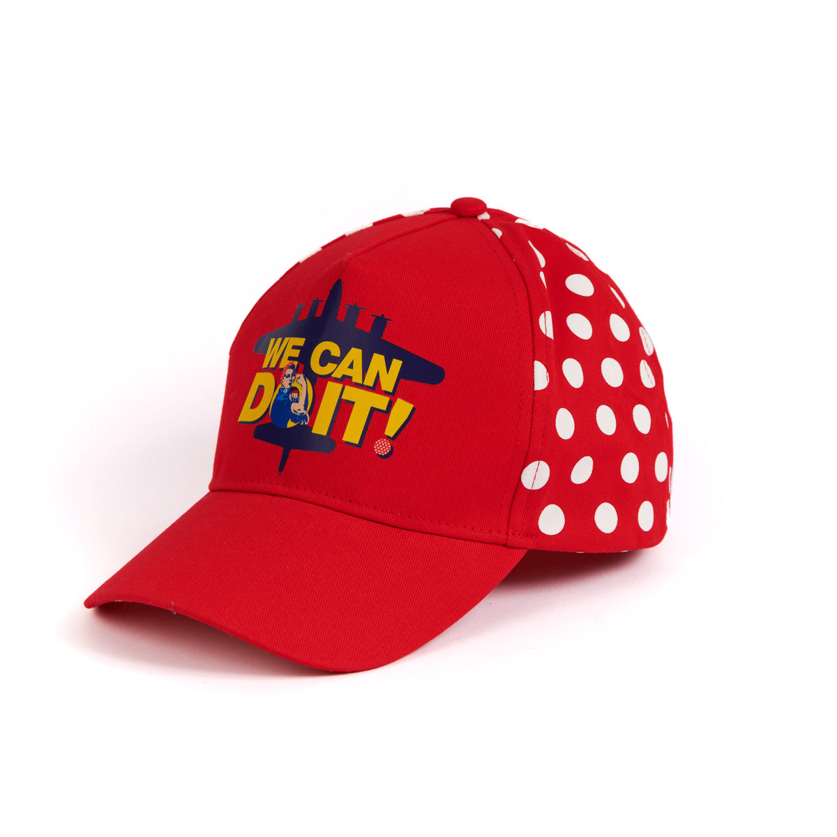 Rosie we can do it quote overlay on a navy blue Boeing B-17 printed on center front of the two front panels of the hat. Solid red on top of the bill. Hat angled with the bill to the left. showing partial center side panel with white polka dots.