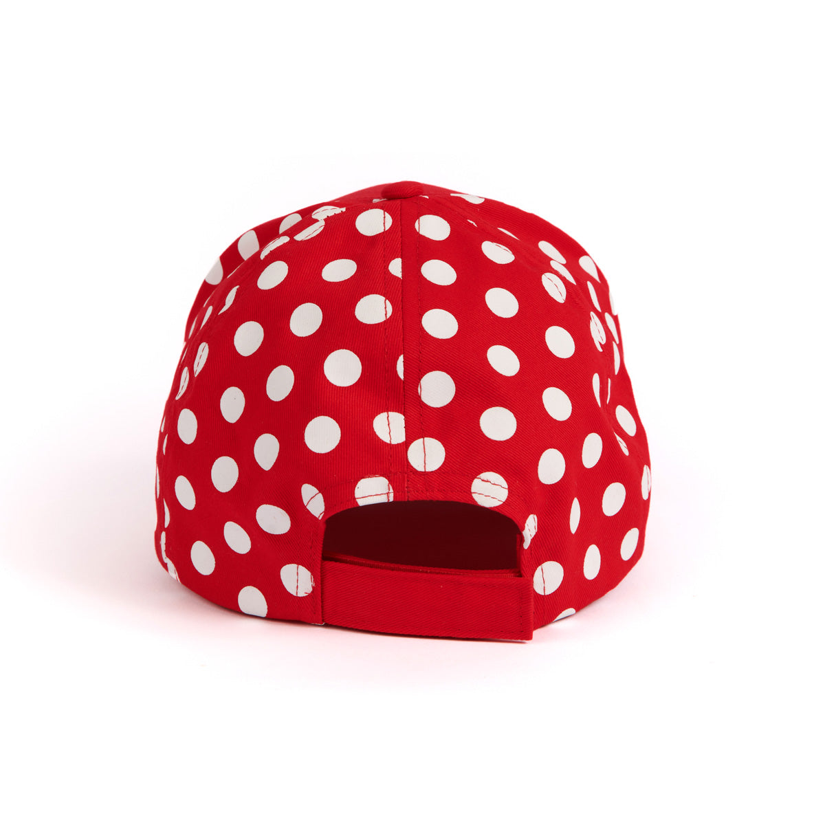 Rear panels with white polka dots.  Solid red velcro adjustable back strap. 