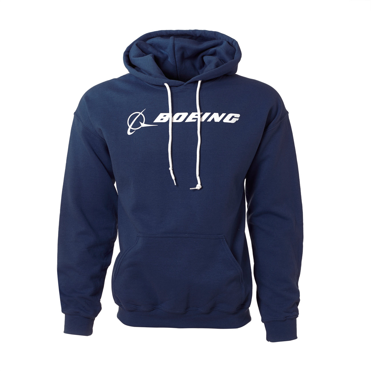 Navy hoodie with white Boeing signature logo across the chest.  Front kangaroo pouch and white drawstrings.